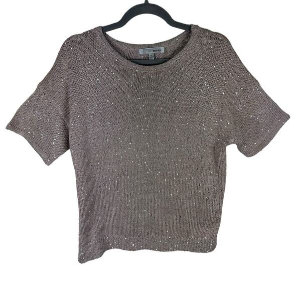 WD. NY Tan Chunky Knit Short Sleeve Sparkly Shimmery Sequin Sweater Size M - Picture 1 of 7
